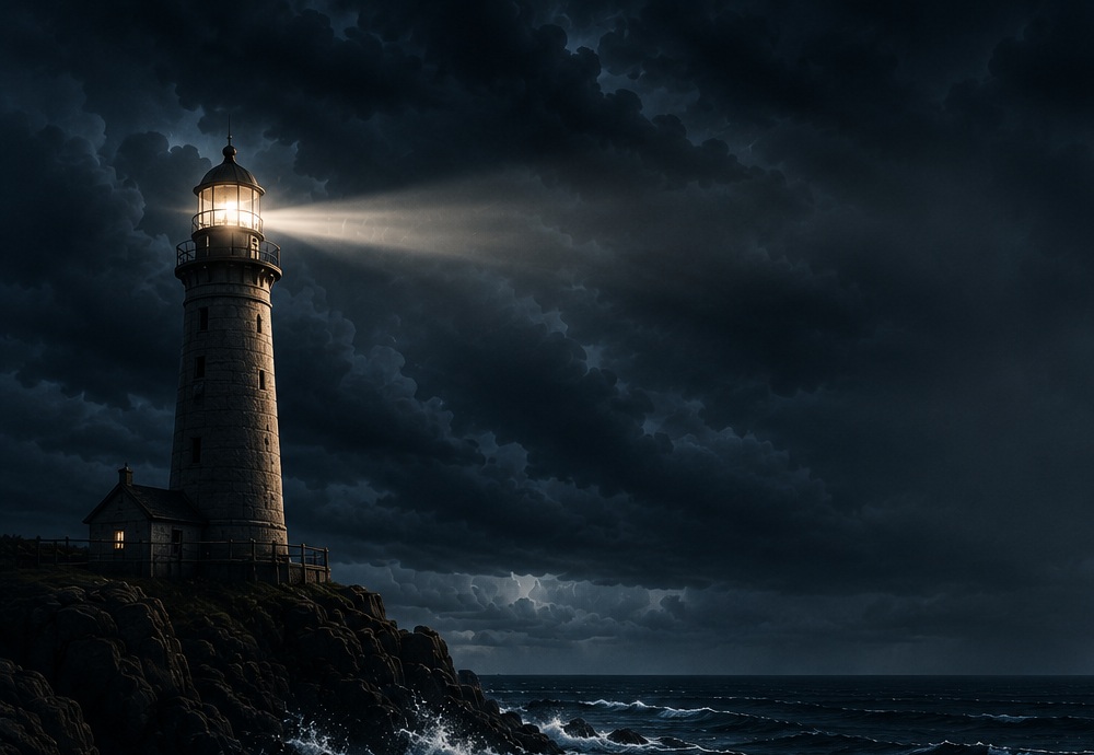 Lighthouse in a storm over the ocean